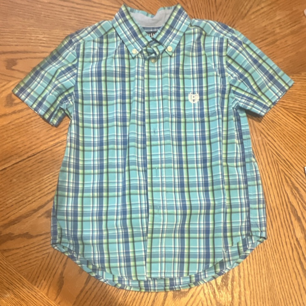 Chaps Boys Plaid Short Sleeve Button-Down Shirt Blue Green White Easy Size 5